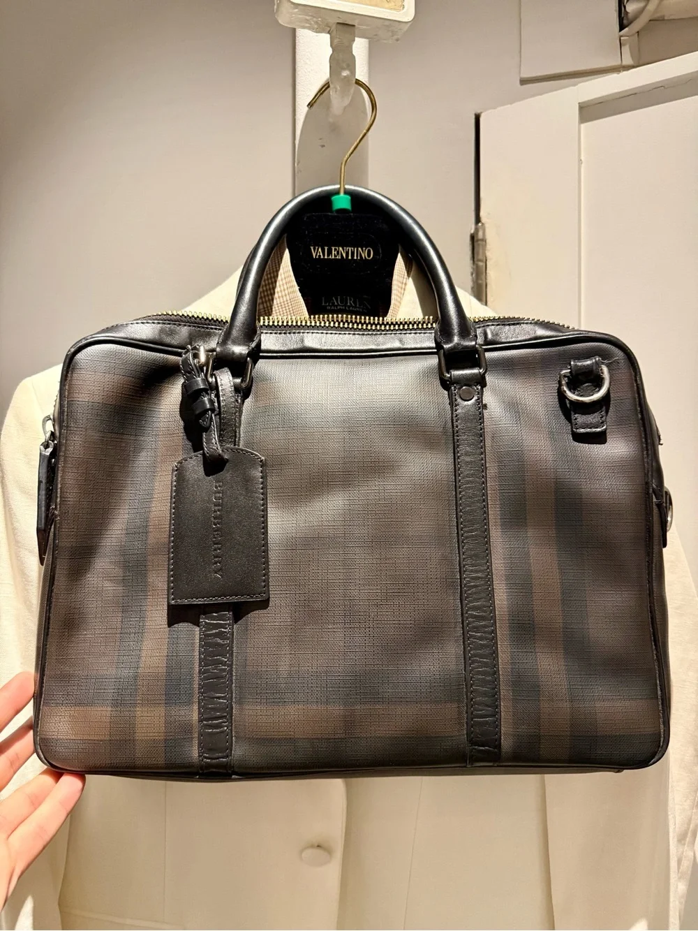 Burberry Black and Brown Plaid Leather Briefcase